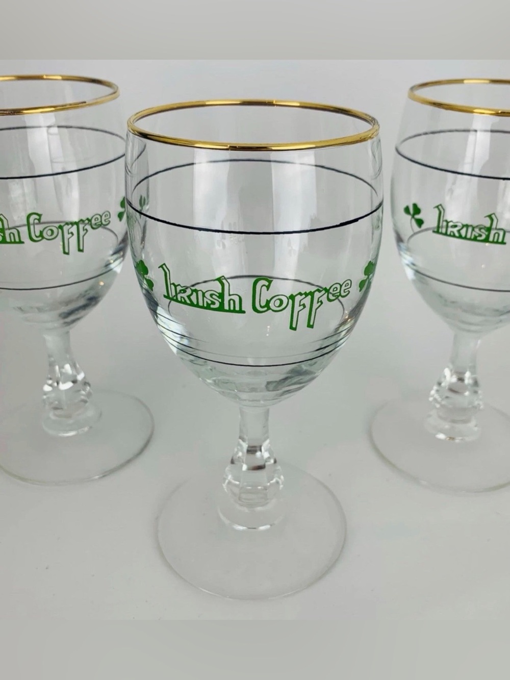 Vintage Irish Coffee Stem Glass with Gold Rim and Green Script Set of 6